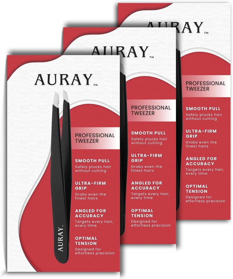 AURAY Eyebrow Tweezers Women Facial Hair, Stainless Steel Facial Hair Removal Precision Tweezer for Men & Women in Black, Slanted Tip Eyebrow Plucker for Easy Plucking, Professional Tweezers by (3) - Image 1